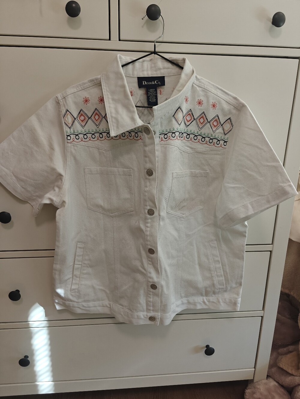 Women's White Denim Jean Jacket with Embroidered Detail